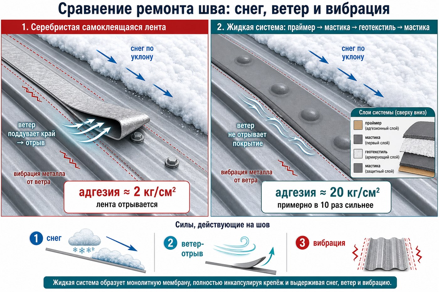 Сравнение ленты и жидкой системы: снег, ветер и вибрация