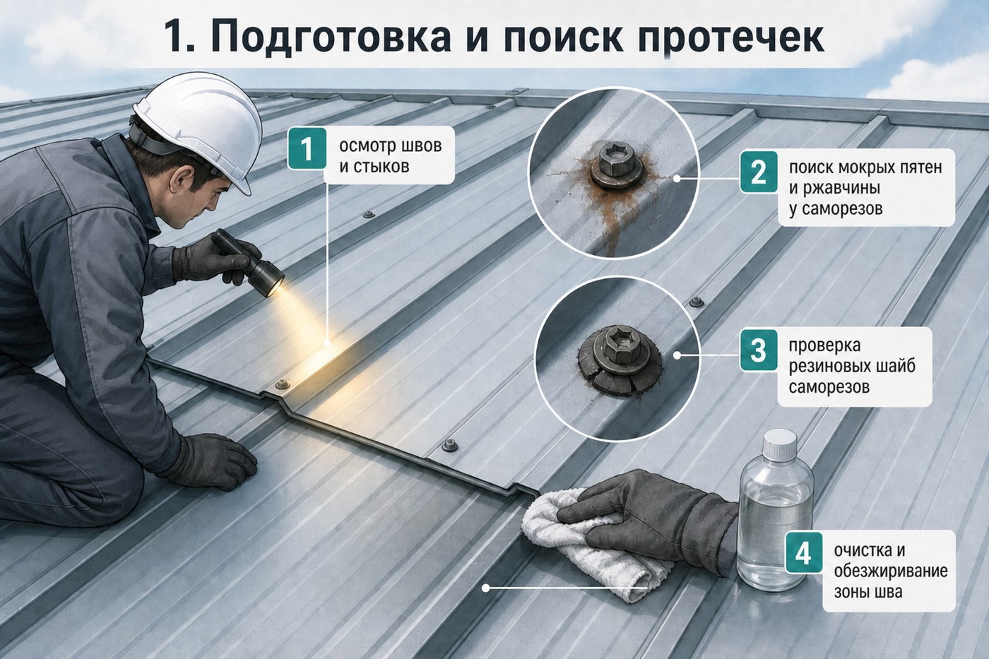 Схема: подготовка и поиск протечек на металлической кровле